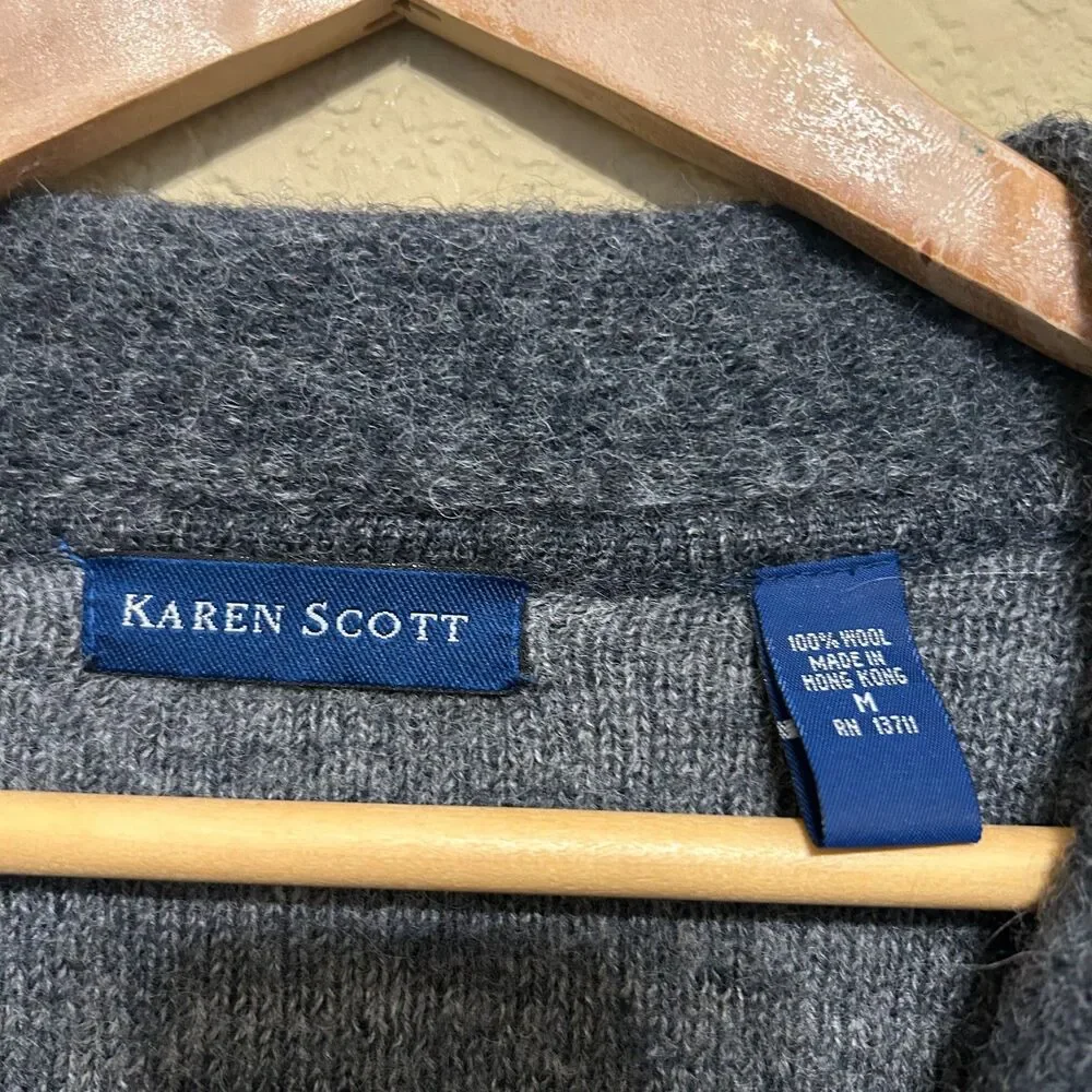 VTG Karen Scott Sweater Coat Coatigan Womens Medium Gray 100% Wool Long Line